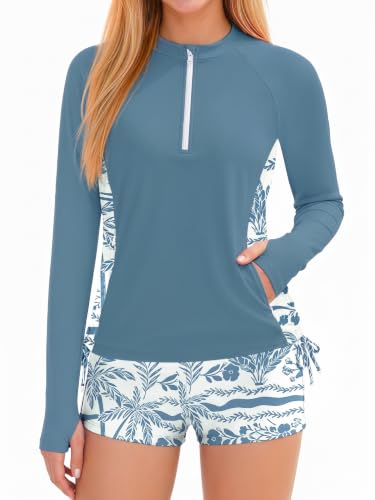 Image of Girls Rash Guard Swimsuit Long Sleeve Swim Shirt with Pockets UPF 50+ 7-16Y | Two Piece Set with Boy Shorts,Swimsuit Top with Side Zip Pockets,Quick-Qrying,Half-Zip & Drawstrings Design,Color Block