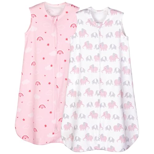 Image of PHF 100% Organic Cotton Baby Sleep Sack, 6-12 Months Baby Wearable Blanket, 2-Way Zipper Infant Sleeping Sack for Girls, 2 Pack Comfy Medium Size Sleeveless Sleeping Bags, Rainbow & Pink Elephant
