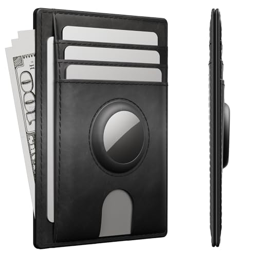 Mens Slim Wallet, Premium Crazy Horse Leather RFID-Blocking Front Pocket Wallet Holder, Black