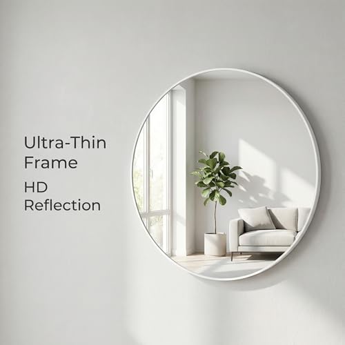 Image of HARRITPURE Round Mirror 20 inch White Wall Mounted Circle Mirrors Vanity Mirror with Brushed Aluminum Alloy Frame Modern Decoration for Bathroom, Living Room, Vanity, Bedroom, Entryway