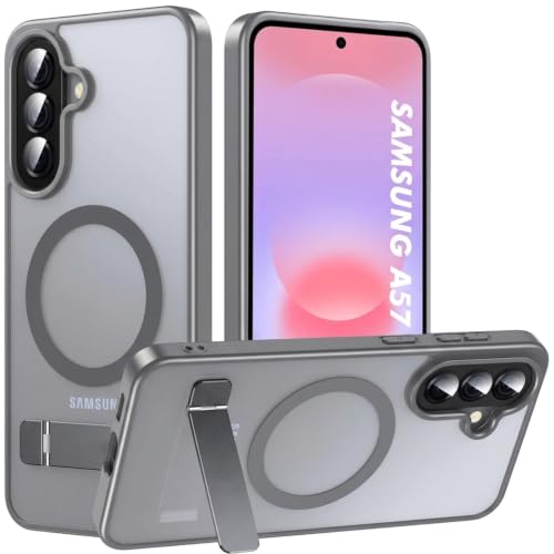 Image of Elzzi MagSafe Compatible Case for Samsung A57 Translucent Matte Bottom Kickstand Shockproof Slim Anti-Fingerprint Magnetic Hybrid Protective Cover (Grey)