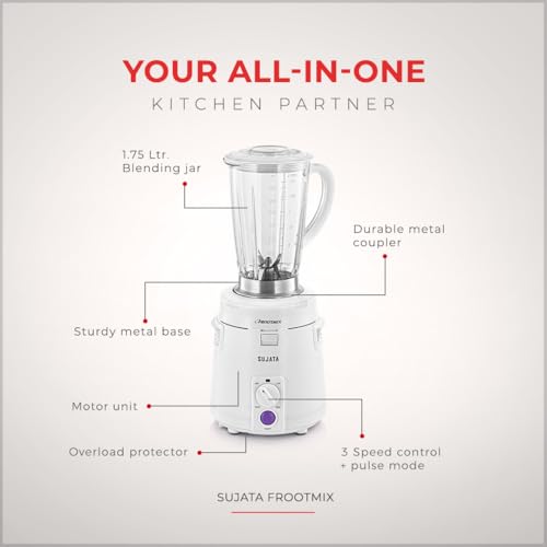 Sujata Frootmix Mixer Blender|900 Watts Double Ball Bearing Motor|22000 RPM|Non-Stop 90 Mins Running|1750ml Unbreakable Blender Jar with Heavy Metal Base| (White) view 2