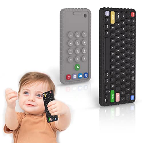 JIECH 2 Pack Silicone Baby Teething Toys Phone Teether Toys for Babies 0-6 6-12 Months Chew Sensory Keyboard Press Pop Toys Black Grey