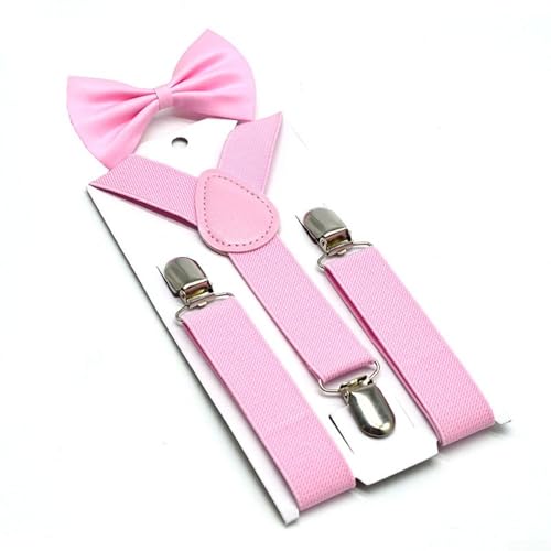 Tirante y pajarita a juego para niños, correas elásticas con accesorios de metal y longitud ajustable para un ajuste seguro (rosa)