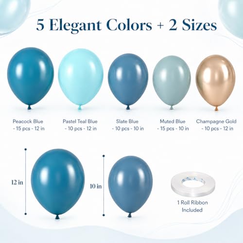 Image of Blue Balloons Dusty Peacock Balloons Champagne Gold Assorted Muted Blue Balloon for Whale Theme Party Decorations Under the Sea Birthday Slate Teal Blue Balloon for Arch Graduation Baby Shower