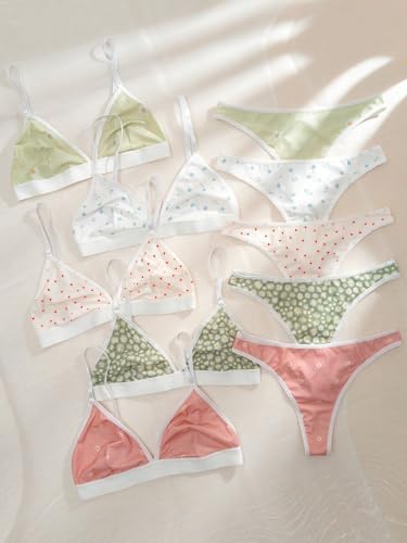 Image of BEAUDRM Women's 5 Sets Matching Bra and Panty Set Polka Dots Print Lingerie Set Triangle Bralettes and Low Rise Thong Set