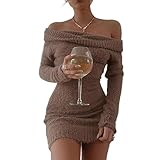 FAIRY SEASON Women's 2025 Off The Shoulder Sweater Mini Dress Long Sleeve Ribbed Bodycon Pullover Cute Short Dresses Fall Winter Coffee