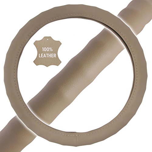 Image of Motor Trend Ergonomic Grip Steering Wheel Cover /Protector for Small Size Steering Wheels in Cars, SUVs, Boats (13.5-14.5 inch) (Genuine Leather (Beige))