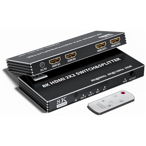 LUKFOCAB 2x2 HDMI Switch Splitter, HDMI 2.1 Switcher 2 in 2 Out 8K@60Hz 4K@120Hz, w/IR Remote Control, Supports HDCP 2.3 HDR, HDR10, HDR 10+, 3D Cover