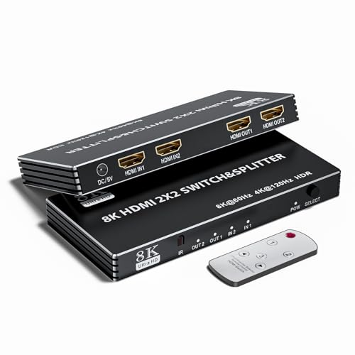 LUKFOCAB 2x2 HDMI Switch Splitter, HDMI 2.1 Switcher 2 in 2 Out 8K@60Hz 4K@120Hz, w/IR Remote Control, Supports HDCP 2.3 HDR, HDR10, HDR 10+, 3D