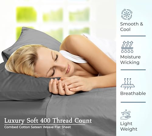 Image of Royale Linen 400 Thread Count 100% American Grown Cotton Flat Sheet - Cooling Sheets - Full Sheets - Luxury Sateen Weave - Full Flat Sheet Sold Separately - Grey Flat Sheet Only (Full, Spanish Slate)