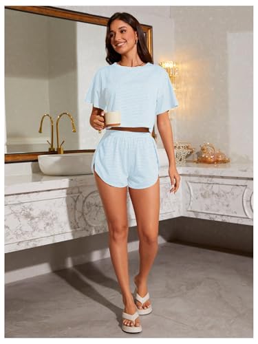 Image of OYOANGLE Womens Pajama Sets 2 Piece Sexy Lounge Sets Summer Cute Pjs Striped Print Tee and Side Split Shorts Set