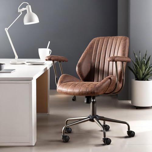 Image of Mid Back Home Office Chair, Mid Century Modern Leather Computer Desk Chair, Comfy Executive Rolling Swivel Task Chair with Wheels Armrest Height Adjustable,Dark Brown
