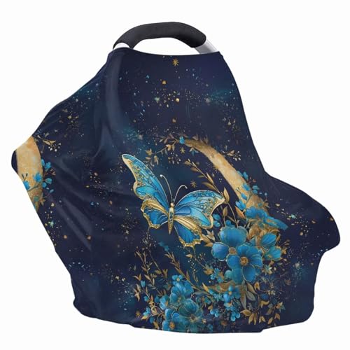 Image of Blue Butterfly Car Seat Canopy for Baby Girls,Floral Pattern Nursing Cover Elastic Breastfeeding Cover Soft Car Infant Seat Cover