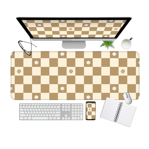 デスクマット、大きなデスクパッド、31.5 x 11.5インチの拡張ゲーミングマウスパッド、デスク用大型マウスパッド ゴムベースマウスパッド、ステッチエッジ付き、キーボードマウスマット 仕事/ゲーム/オフィス/自宅用 - ベージュ チェスボードフラワー