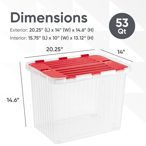 Image of Superio Red Storage Box with Red Hinged Lids, Plastic Container Bins for Organizing with Attached Lid, Stackable Crates, BPA Free, Organizers for Home and Office, 53Quart (20.25 inchx14 inchx14.6 inch)