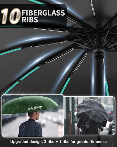 Image of ISABRELLA Big Umbrella for Women - 10-Rib Folding Umbrella with UV Protection, Black Coating, Wind & Rain Resistant, Safe Close Design, Durable, Lightweight, and Compact for Travel