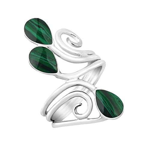 Aeravida Floral Vine Ornate Teardrop Green Malachite Sterling Silver Ring | Statement Fashion, Promise Ring, Couple Unisex Ring | Jewelry Gift For All Occasions | Size 9 #TOP1
