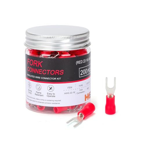 Image of HKS 200PCS Insulated Fork Spade Wire Connectors - Red 22-16 AWG M3.5 Stud Size #6 - Tinned Red Copper - U-Type Electrical Crimp Terminals