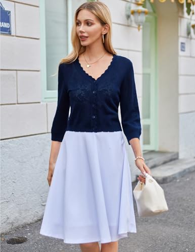Image of Women Crop Cardigan Sweaters Lightweight 3 /4 Sleeve Button Up Crochet Shrug | Textured Bolero For Dresses Dressy Casual, V Neck, Ladies Eyelet Shawl Thin Trendy