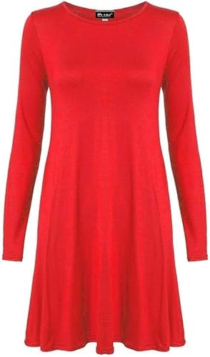 Prime fashions Women's Ladies Long Sleeve Skater Swing Flared Dress - Elegant & Comfortable Casual & Party Wear Dress for Any Occasion Red XXL