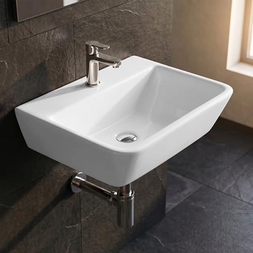 Image of WASSMIST Wash Basin | Wall Hung Wash Basin for Bathroom with 10 Year Glaze Warranty | Premium Ceramic Semi Oval Basin with Tap Hole (15.9 X 11.6 X 5 Inch)