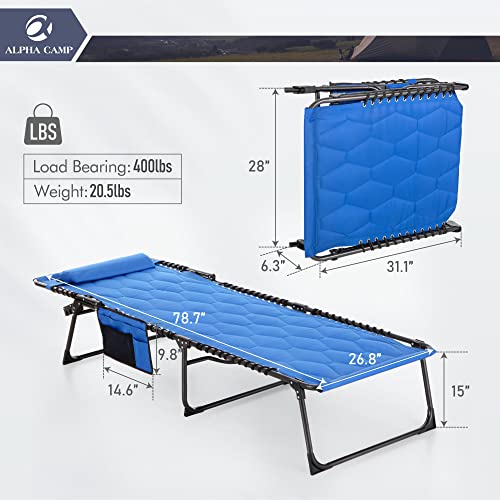 Alpha Camp Outdoor Folding Chaise Lounge Chair Support 400 Lbs For Beach Lawn Pool Tanning Deck Camping, 5-Position Reclining Patio Chairs With Pillow, Blue #TOP2