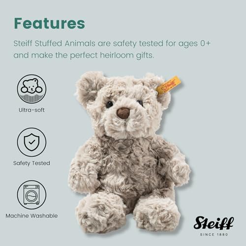 Steiff Soft Cuddly Friends Honey Teddybär hellgrau 18 cm, Teddy aus flauschigem Plüsch, Grau