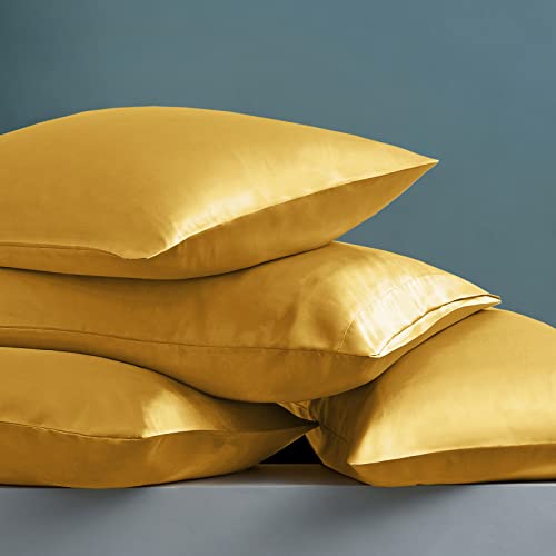 Image of Ersmak 7 Pieces Satin Sheets Set King Size, Luxury Silky Gold Satin Bed Sheets Set with 1 Deep Pocket Fitted Sheet, 1 Soft Flat Sheet, 4 King Pillowcases and 1 Body Pillowcase