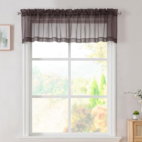 Image of Simplebrand Chocolate Valances 14 Inches Long for Living Room Pocket 2 Panel Light Filtering Sheer Translucent Valence Toppers for Short Window Kitchen Bathroom Bedroom 42x14 Inch Length