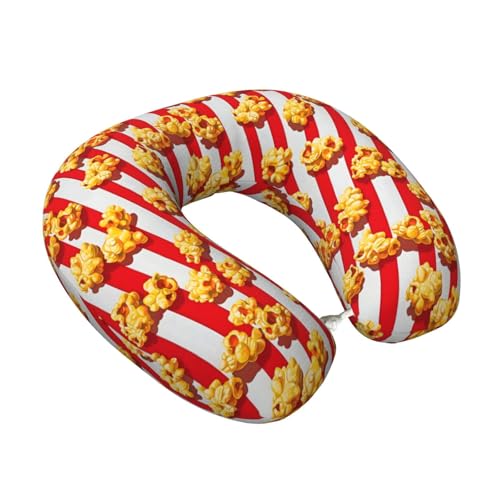 Almohada de cuello de viaje con estampado de palomitas de maíz rojo y blanco para aviones, almohada de cuello de espuma viscoelástica para viajar/dormir, accesorios esenciales de viaje para mujeres y