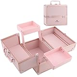 CHUANGJIN Makeup Train Case 2 Trays Makeup Box Organizer Portable Travel Makeup Case Lockable Makeup Storage Organizer Cosmetic Box for Jewelry Nail Tech Brushes Accessories Tool, Pink No Brushes