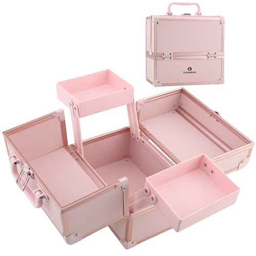 Portable Pink Makeup Train Case with Trays