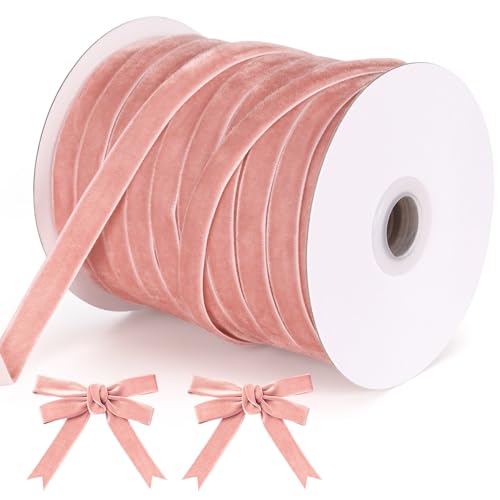 50 Yards 3/8 Inch Velvet Ribbon Single Face Velvet Fabric Ribbon Roll with Spool Satin for Gift Wrapping Hair Bows Making Wedding Christmas Decoration (Pink)