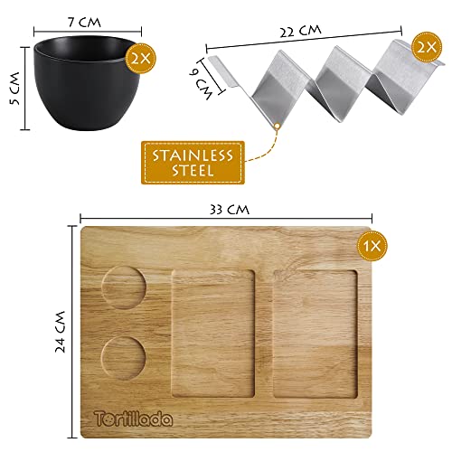 Tortillada - Taco Holders Set of 2 / Taco Holder Shell Stainless Steel with Wooden Serving Tray incl. 2 Ceramic Dip Bowls + Recipe Book - Image 3