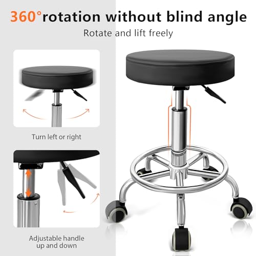 DENGTELI PU Leather Rolling Stool with Foot Rest Round Height Adjustment Swivel Spa Drafting Salon Tattoo Work Office Massage Vanity Stools Task Chair (Black) - Thumbnail 6