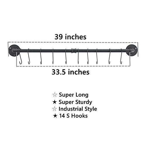 OROPY 39 inch Pot Bar Rack Wall Mounted Detachable Pans Hanging Rail Kitchen Lids Utensils Hanger with 14 S Hooks Black