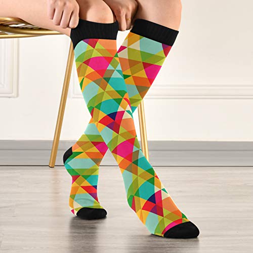 Auuxva Compression Socks 1 Pairs Geometric Plaid Colorful Pattern Knee High Sports Stockings For Men Women Running Cycling #TOP4