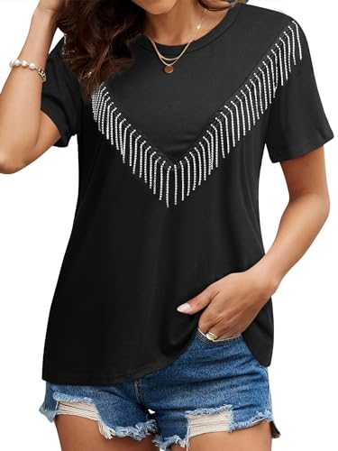 Womens Sparkly Rhinestone Fringe Tshirts Western Glitter Tassel Country Concert Outfits Sparkle Disco Cowgirl Tops4