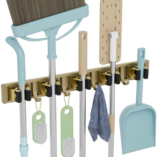 reliahom Broom Holder Wall Mount, 5 Racks with 4 Hooks Bronze - Mop Storage Tool Racks, Broom Hanger Tool Organizer for Garage, Kitchen, Garden, Laundry Room