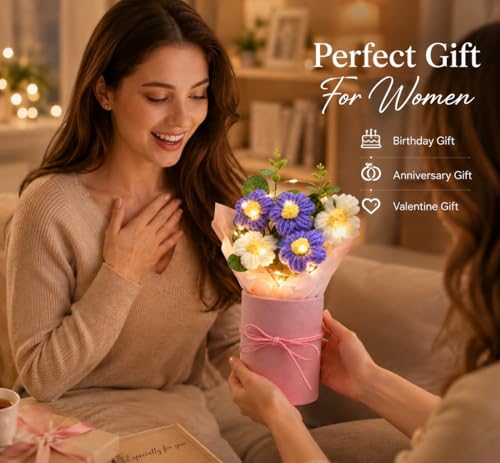 Image of ROKTRY Handmade Crochet Flower Bouquet with LED Fairy Lights - Knitted Yarn Daisy Flowers in Elegant Pink Gift Box for Birthday, Anniversary, Valentine's Day, Wedding, Home Decor (PURPEL)