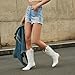 Zzheels Women Mid-calf Cowboy Boots Pointy Toe Boot Embroidered Western Cowgirl Boots Chunky Heels White US7