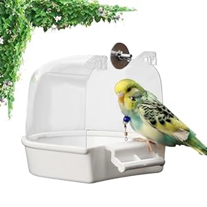 Qpets® Bird Bathing Box for Cage Clip On Bird Bathing Bowl with Transparent Roof, Anti-Splash Bird Bathing Tub Plastic Bird Bathing Box for Cage with Water Inlet Hole (14 * 14 * 13CM)