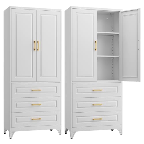 SteeLoong Kitchen Pantry Cabinet,60”Metal White Storage Cabinets with Doors and Shelves,Tall Cabinet with 2 Gold Hands for Dinning Room,Living Room