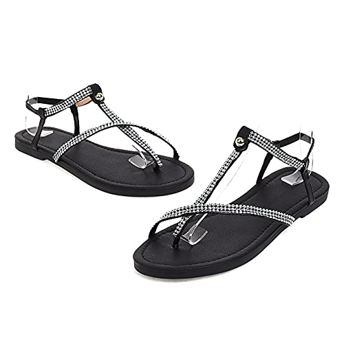 Fullwei Sandals For Women Casual Flat,Womens Comfy Rhinestone Thong Sandals Flat Summer Crystal Wide Walking Dressy Ankle Strap Sandals (Black, 9) #TOP4