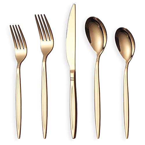 HOMQUEN Rose Gold Silverware Set 20 Pieces, Stainless Steel Rose Gold Flatware Set, Titanium Plating Copper Cutlery Set, Utensil Sets Service Set for 4 (Shiny Rose Gold) by HOMQUEN - Used condition - CA$15.97