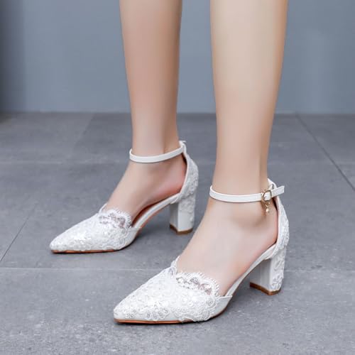 Women's Lace Ankle Strap Pointed Toe Pumps with 3 Inch Heel, White4