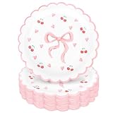 Whaline 40Pcs Pink Bow Paper Plates 9 Inch Scalloped Bowknot Cherry Plates Bow Heart Disposable Dessert Cake Plate For Bachelorette Bridal Engagement Wedding Birthday Baby Shower Party Supplies