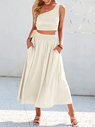 Anrabess Women's Summer 2 Pieces Outfits One Shoulder Sleeveless Smocked Crop Top & High Waist Long Skirt Dress Set With Pockets 543Mihuang-L Beige #TOP4