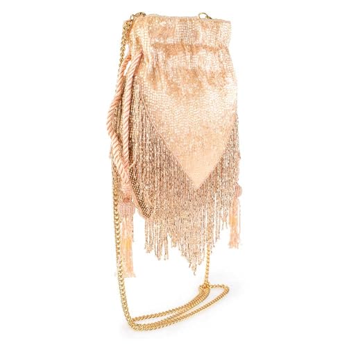 Mary Frances Boho Chic Beaded Drawstring Handbag with Fringe and Tassel Champagne Statement Evening Purse with Removable Strap, Pink3